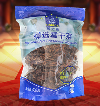厨之选(HORECA SELECT)臻选霉干菜产自浙江绍兴500g每袋，萧山霉干菜是浙江省绍兴市夹灶乡的汉族传统名菜。夹灶原属绍兴县，故历来以“绍兴霉干菜”为名。此产品由大叶芥加工而成，色泽乌黑，香气浓郁，味美质嫩，久贮不变，是一种常年食用的大众化食品州，霉干菜一般用芥菜、尚未抽苔的白菜和油菜等腌制后晒干制成。